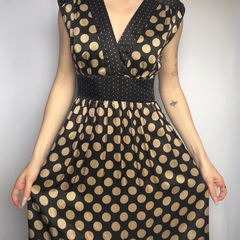 100% Silk Black and Gold Polka Dot Dress